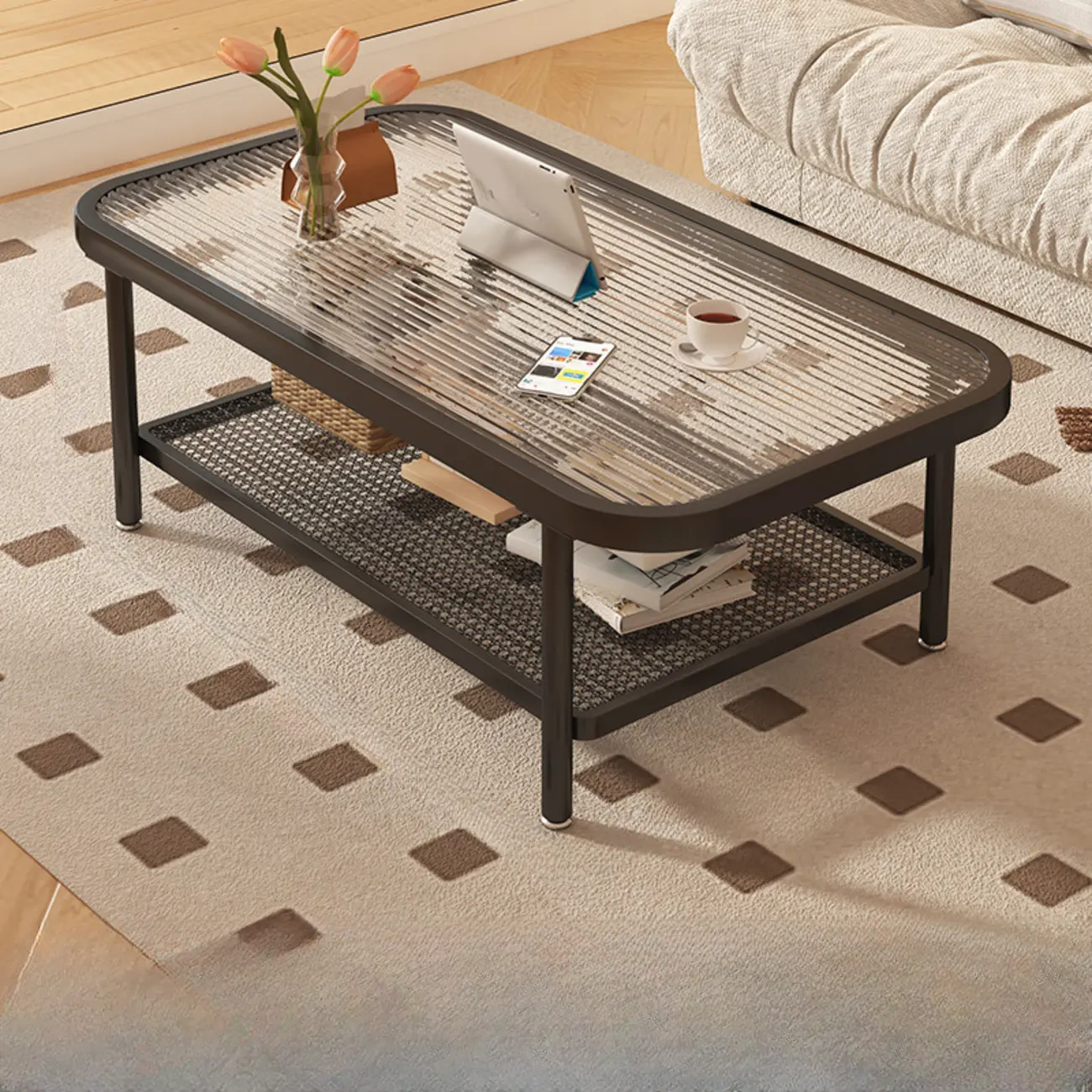 Modern White Rectangle Glass Coffee Table with Shelf Image - 23 | homeyfad