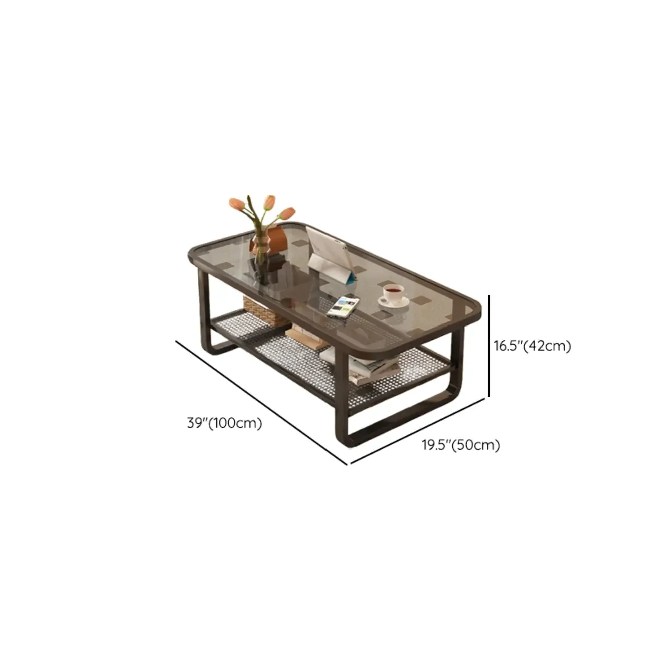 Modern White Rectangle Glass Coffee Table with Shelf Image - 25