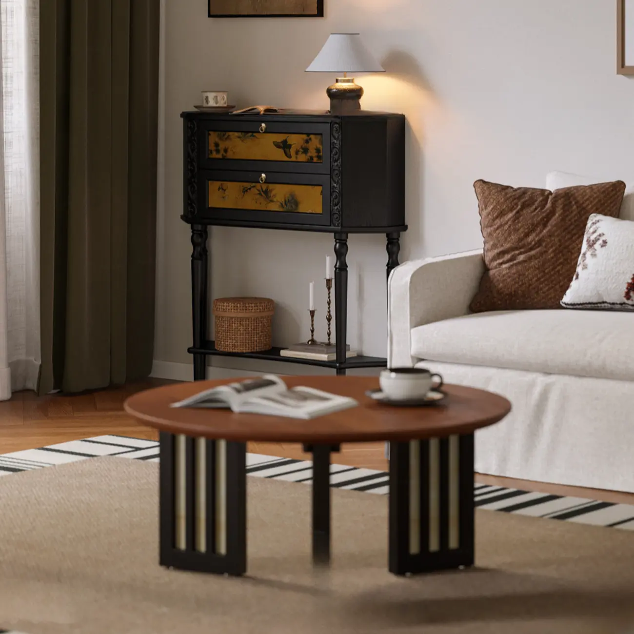 Black Wood 2-Drawer Console Table with Floor Shelf Image - 3 | homeyfad