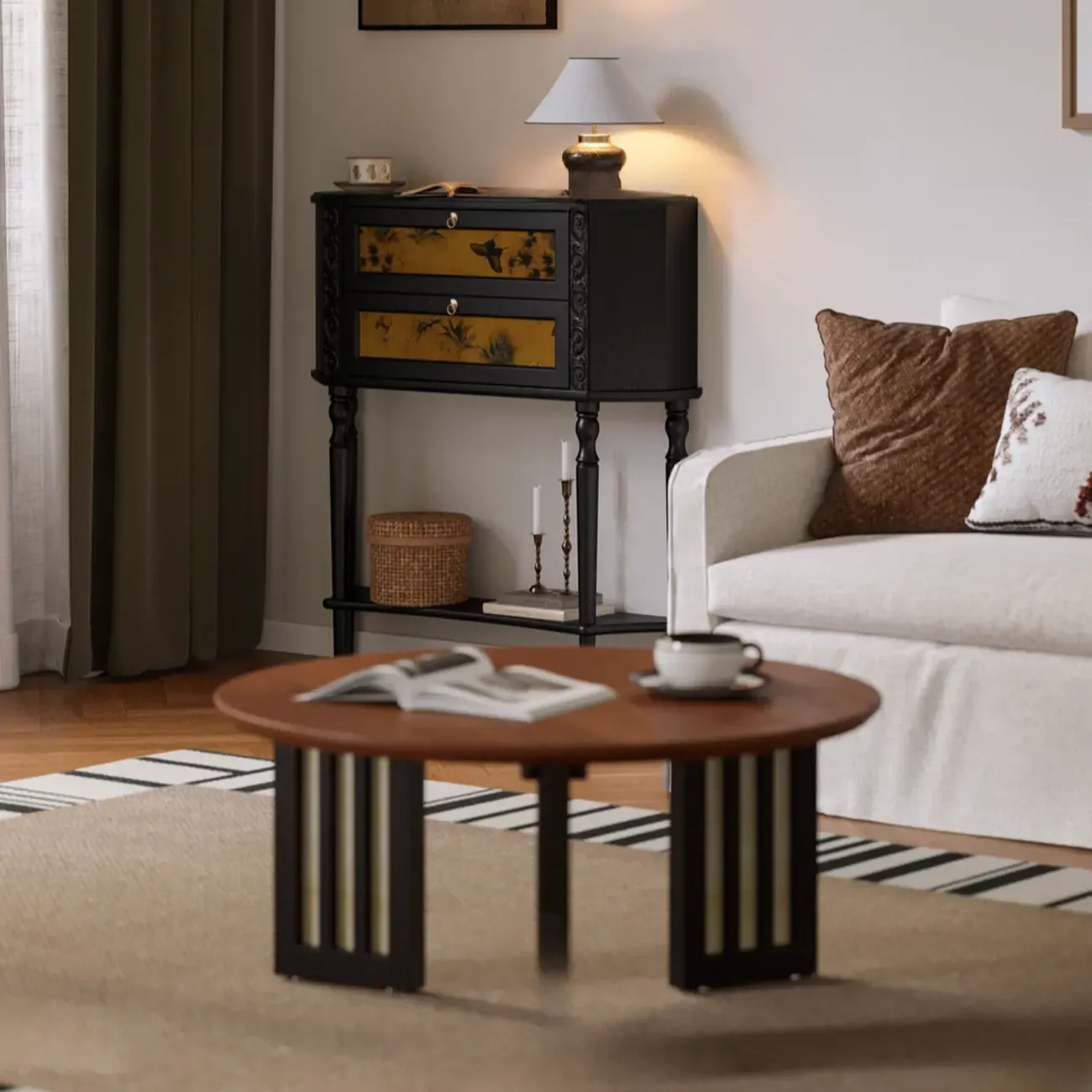 Black Wood 2-Drawer Console Table with Floor Shelf Image - 3