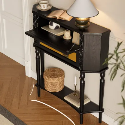 Black Wood 2-Drawer Console Table with Floor Shelf Image - 2