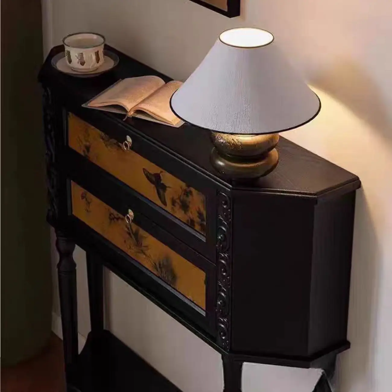 Black Wood 2-Drawer Console Table with Floor Shelf Image - 4 | homeyfad