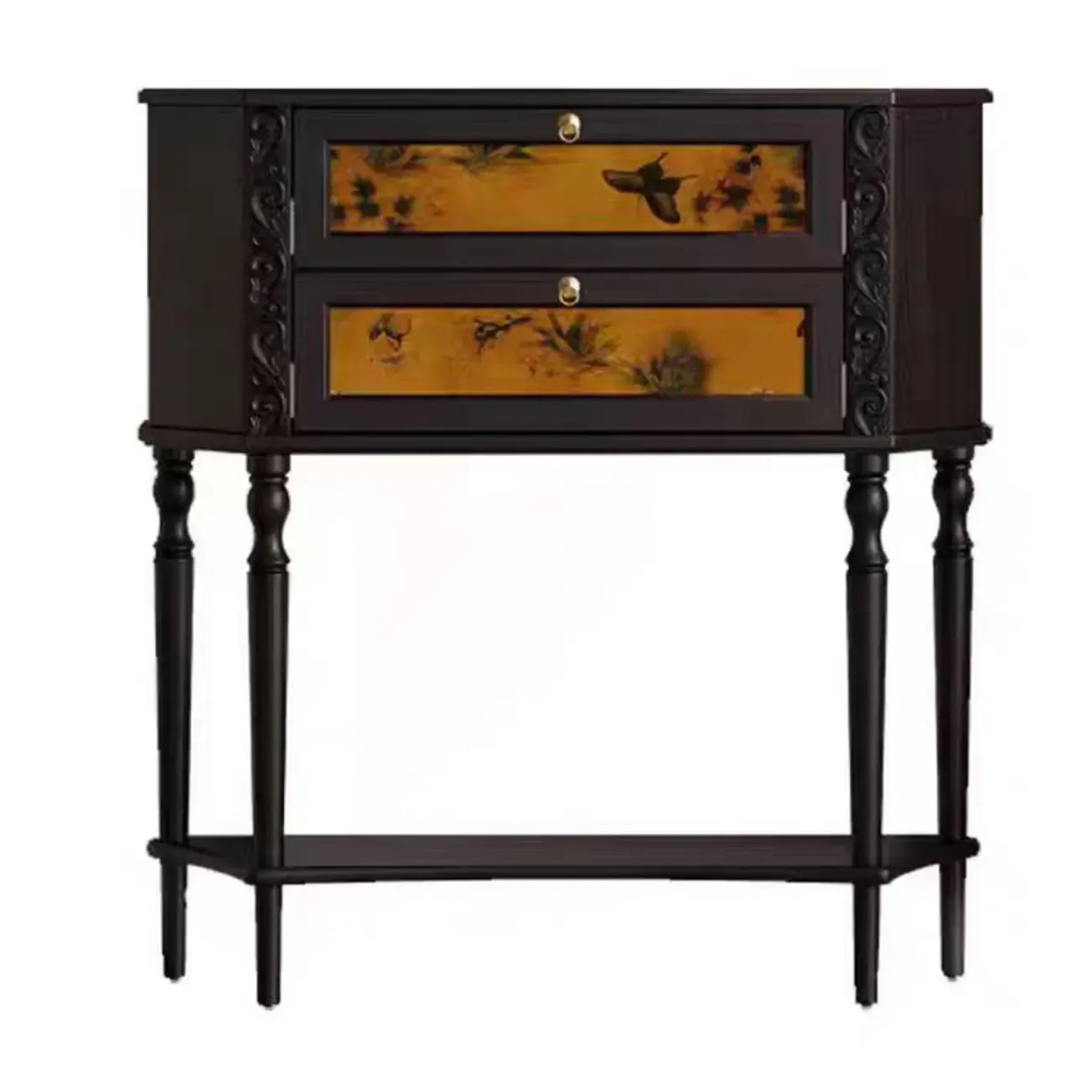 Black Wood 2-Drawer Console Table with Floor Shelf Image - 5
