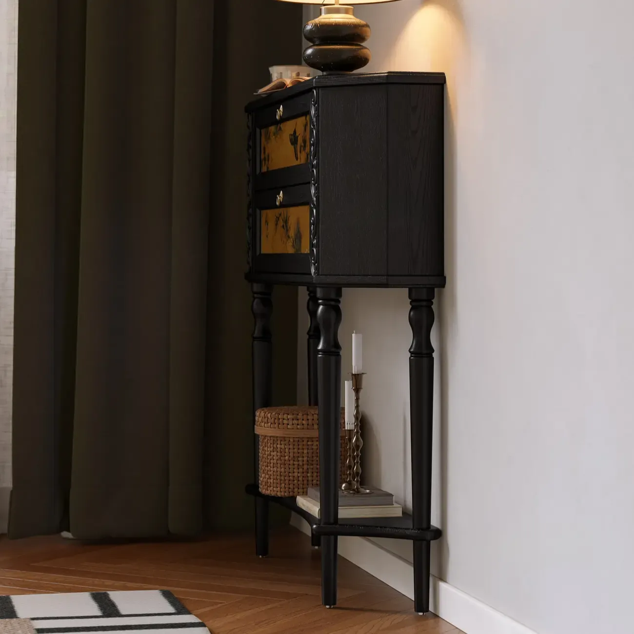Black Wood 2-Drawer Console Table with Floor Shelf Image - 6