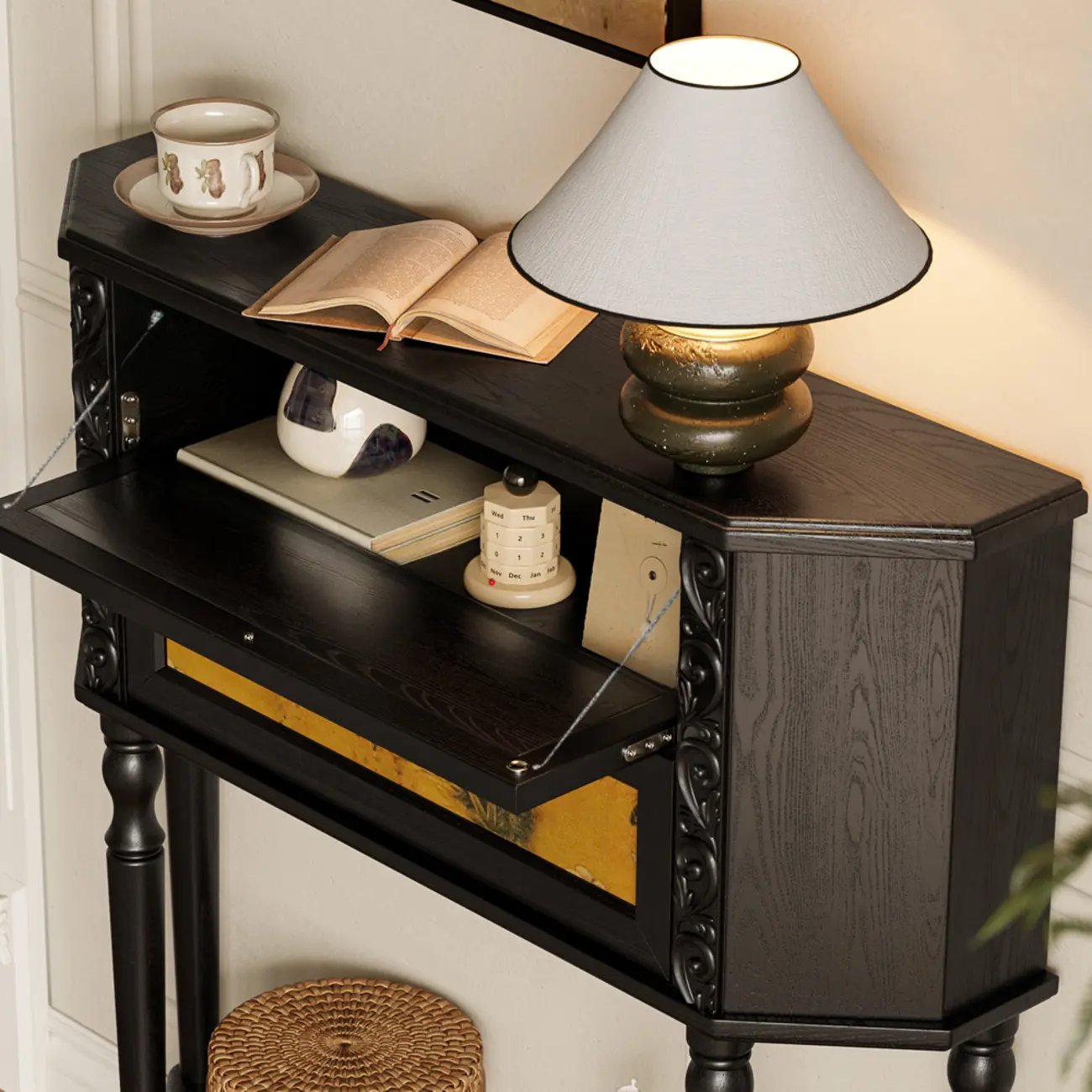 Black Wood 2-Drawer Console Table with Floor Shelf Image - 7 | homeyfad