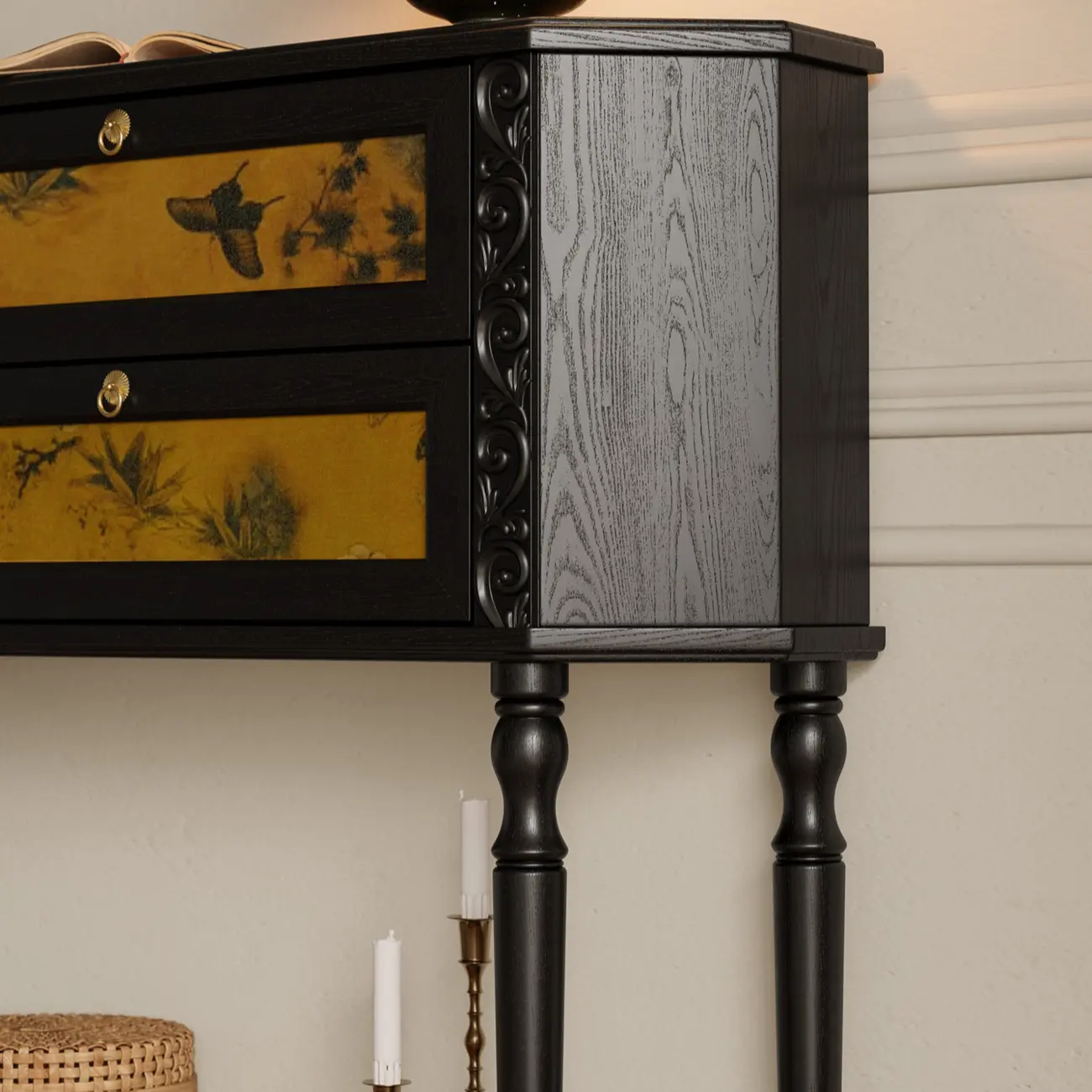 Black Wood 2-Drawer Console Table with Floor Shelf Image - 8 | homeyfad