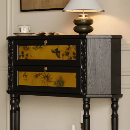 Black Wood 2-Drawer Console Table with Floor Shelf Image - 10