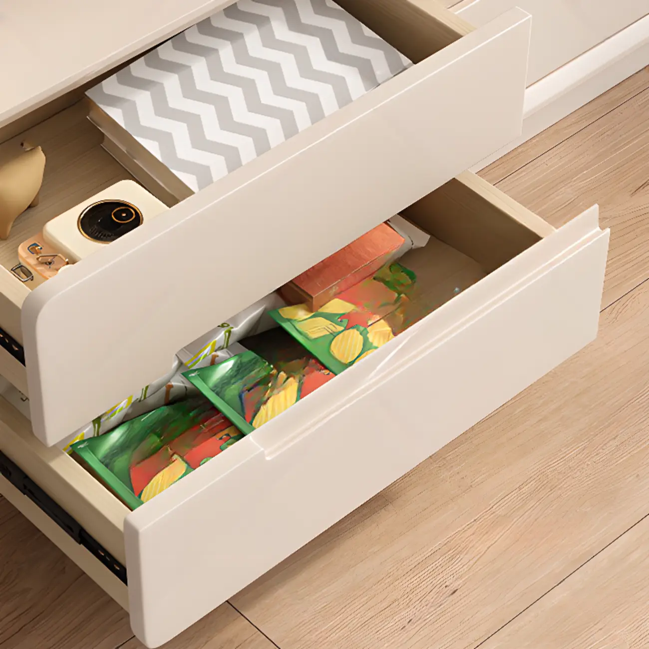 Minimalist White Wooden TV Stand with Open Storage and Drawers Image - 10 | homeyfad