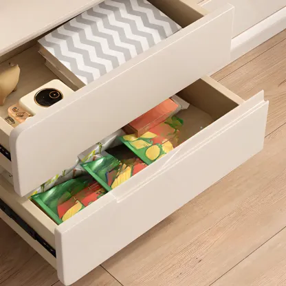 Minimalist White Wooden TV Stand with Open Storage and Drawers Image - 10