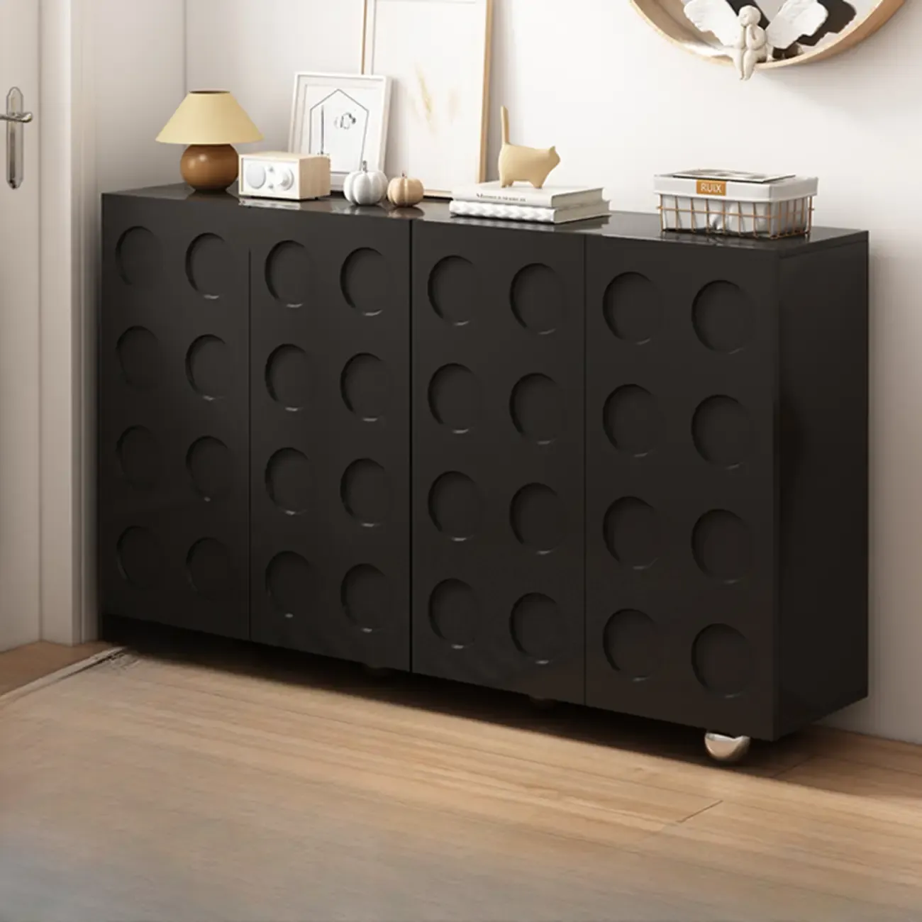 Hallway Black Engineered Wood Shoe Cabinet on Wheels Image - 2