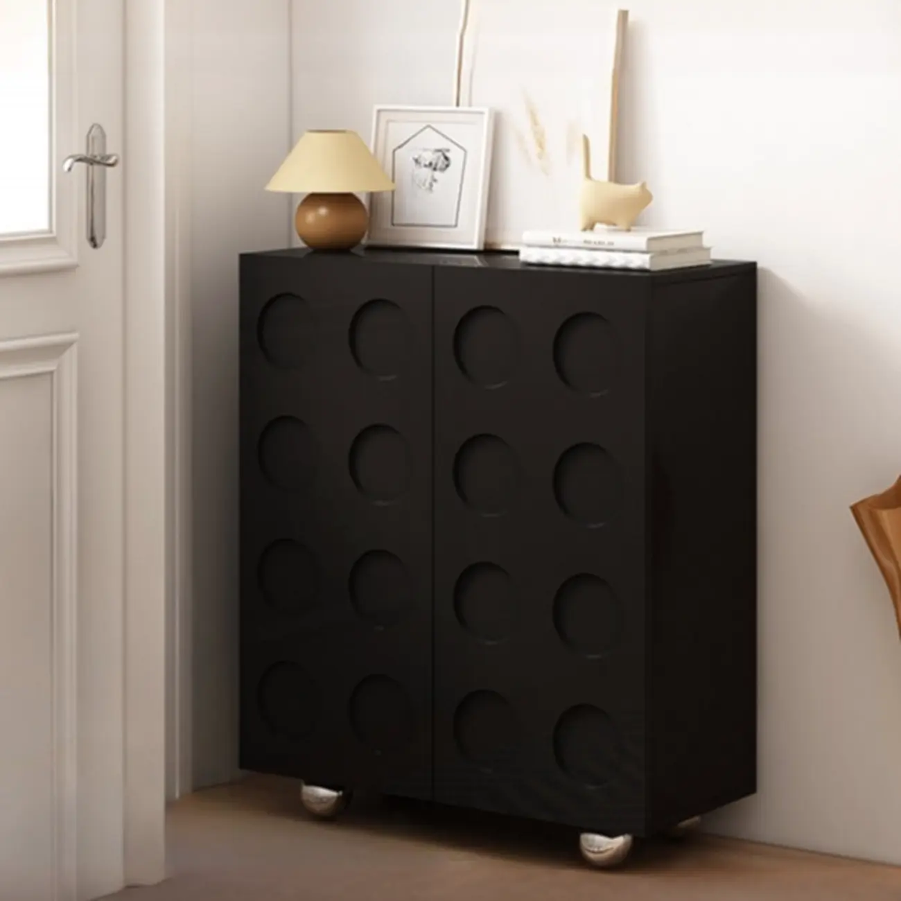 Hallway Black Engineered Wood Shoe Cabinet on Wheels Image - 3 | homeyfad