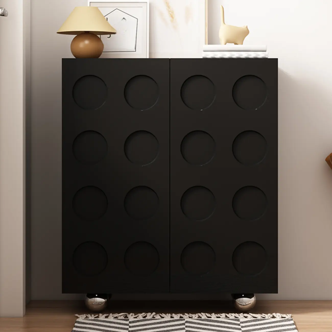 Hallway Black Engineered Wood Shoe Cabinet on Wheels Image - 4 | homeyfad