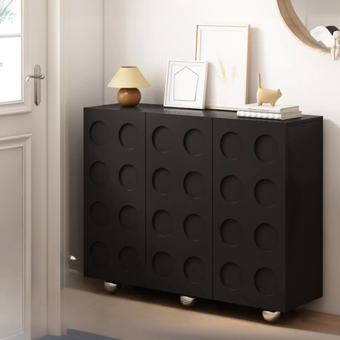 Hallway Black Engineered Wood Shoe Cabinet on Wheels Image - 5 | homeyfad