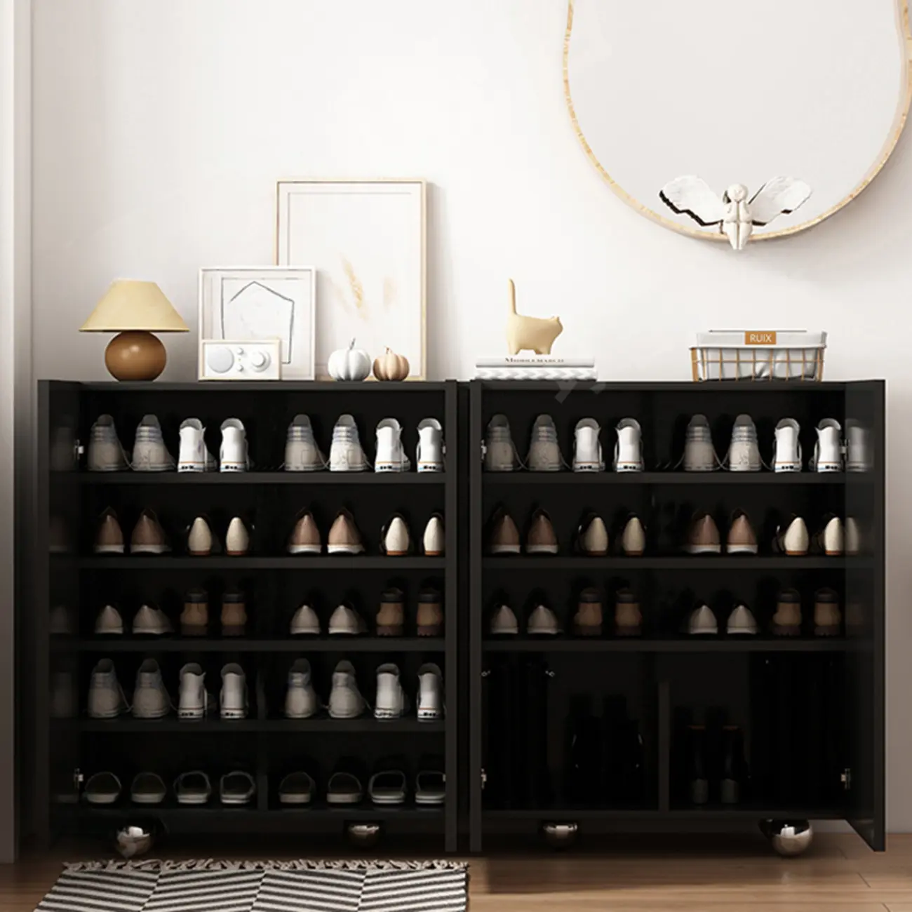 Hallway Black Engineered Wood Shoe Cabinet on Wheels Image - 6 | homeyfad