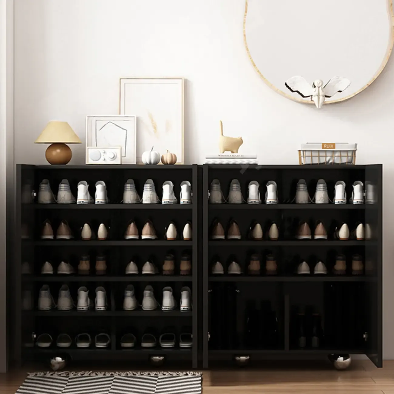 Hallway Black Engineered Wood Shoe Cabinet on Wheels Image - 6