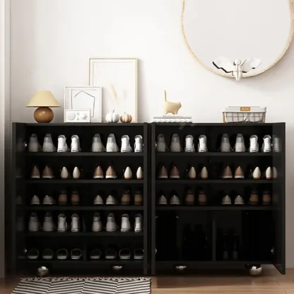 Hallway Black Engineered Wood Shoe Cabinet on Wheels Image - 6