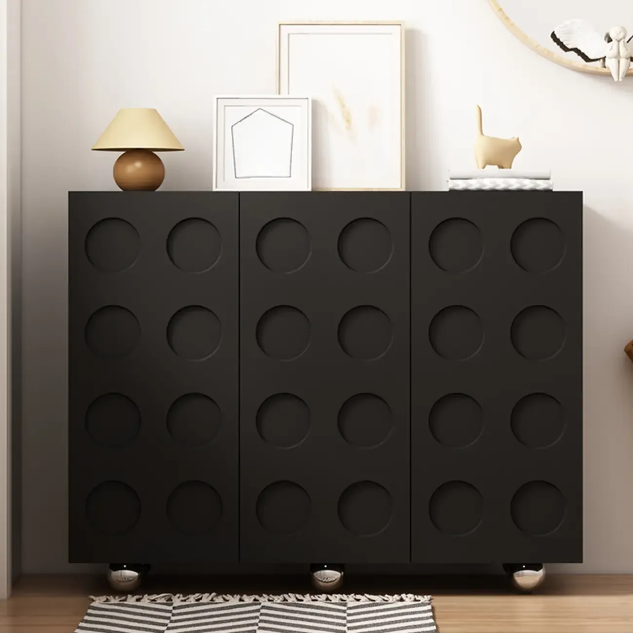 Hallway Black Engineered Wood Shoe Cabinet on Wheels Image - 7