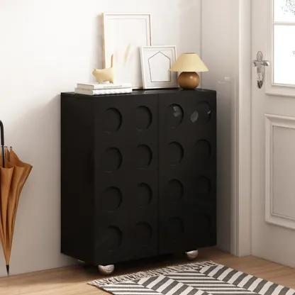 Hallway Black Engineered Wood Shoe Cabinet on Wheels Image - 9
