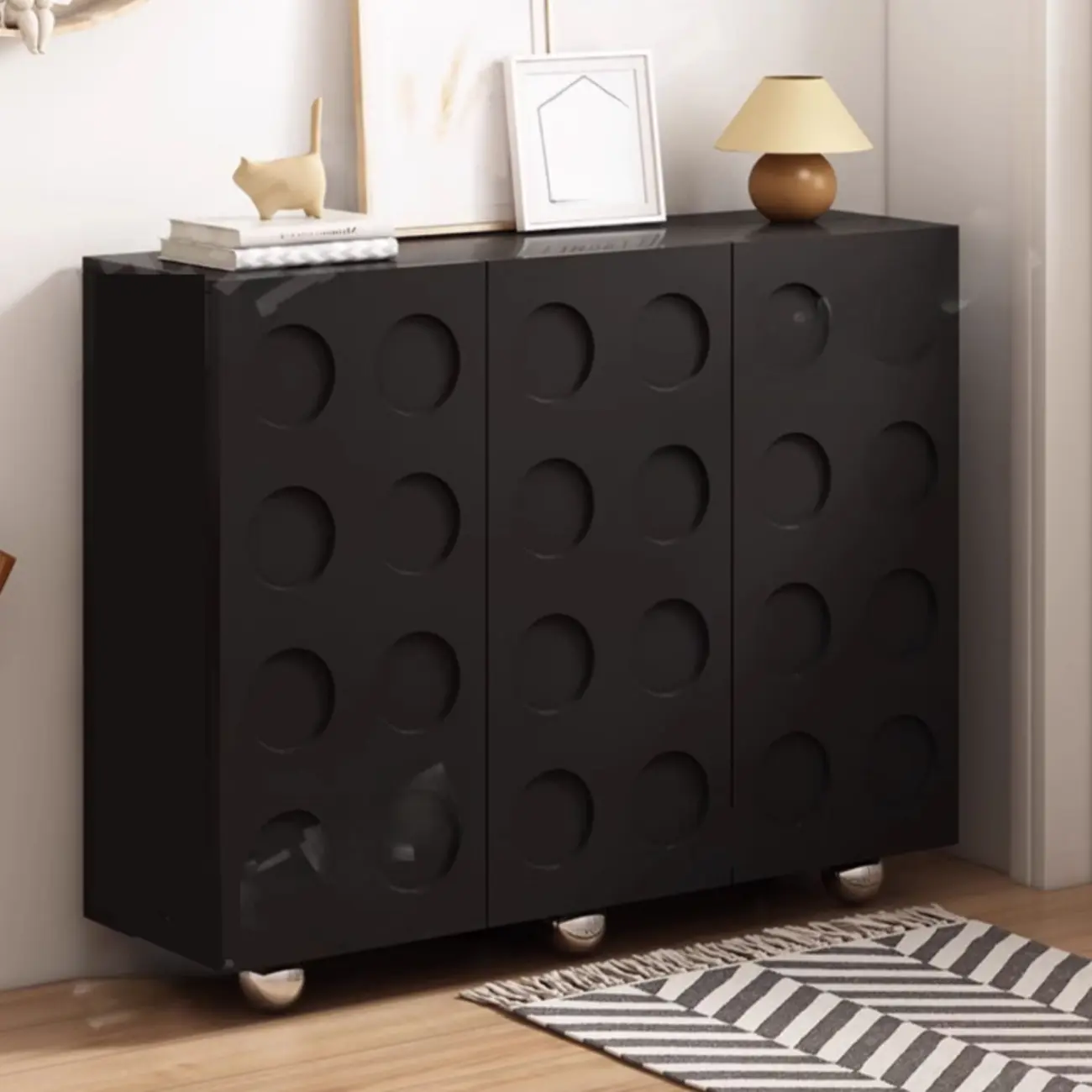 Hallway Black Engineered Wood Shoe Cabinet on Wheels Image - 10 | homeyfad
