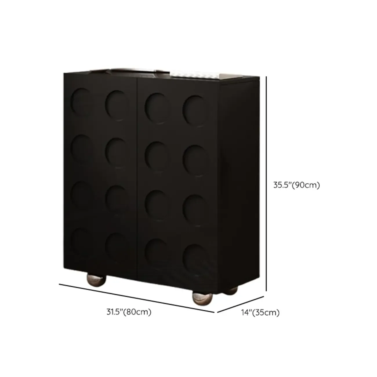 Hallway Black Engineered Wood Shoe Cabinet on Wheels #size