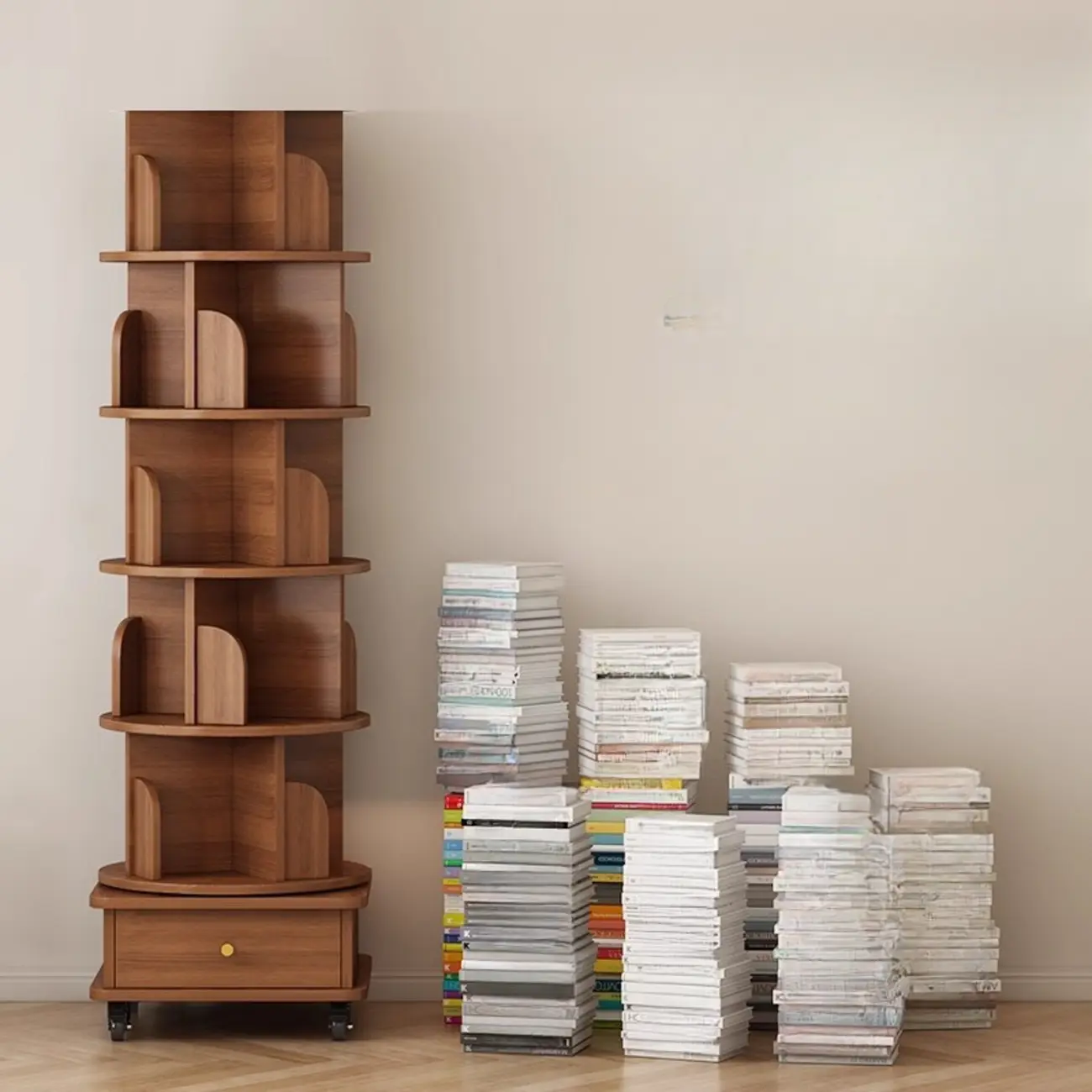 Swivel Natural Wood Modern Wheeled Bookcase With Drawer Image - 1 | homeyfad