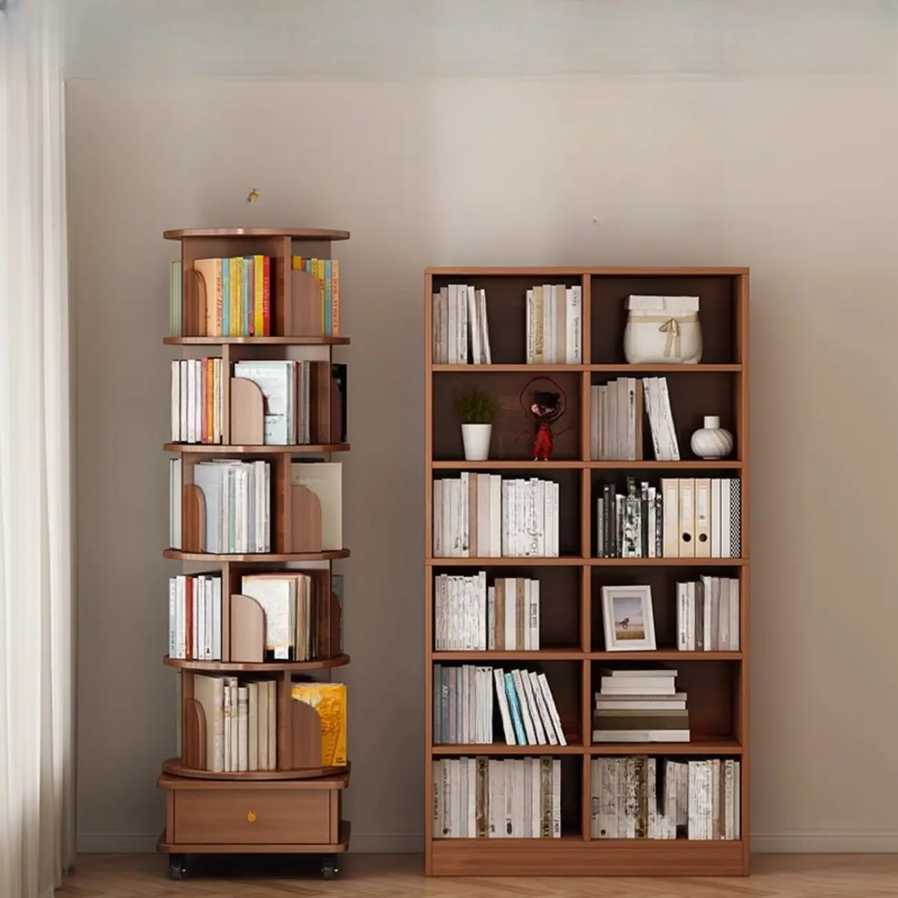 Swivel Natural Wood Modern Wheeled Bookcase With Drawer Image - 2 | homeyfad