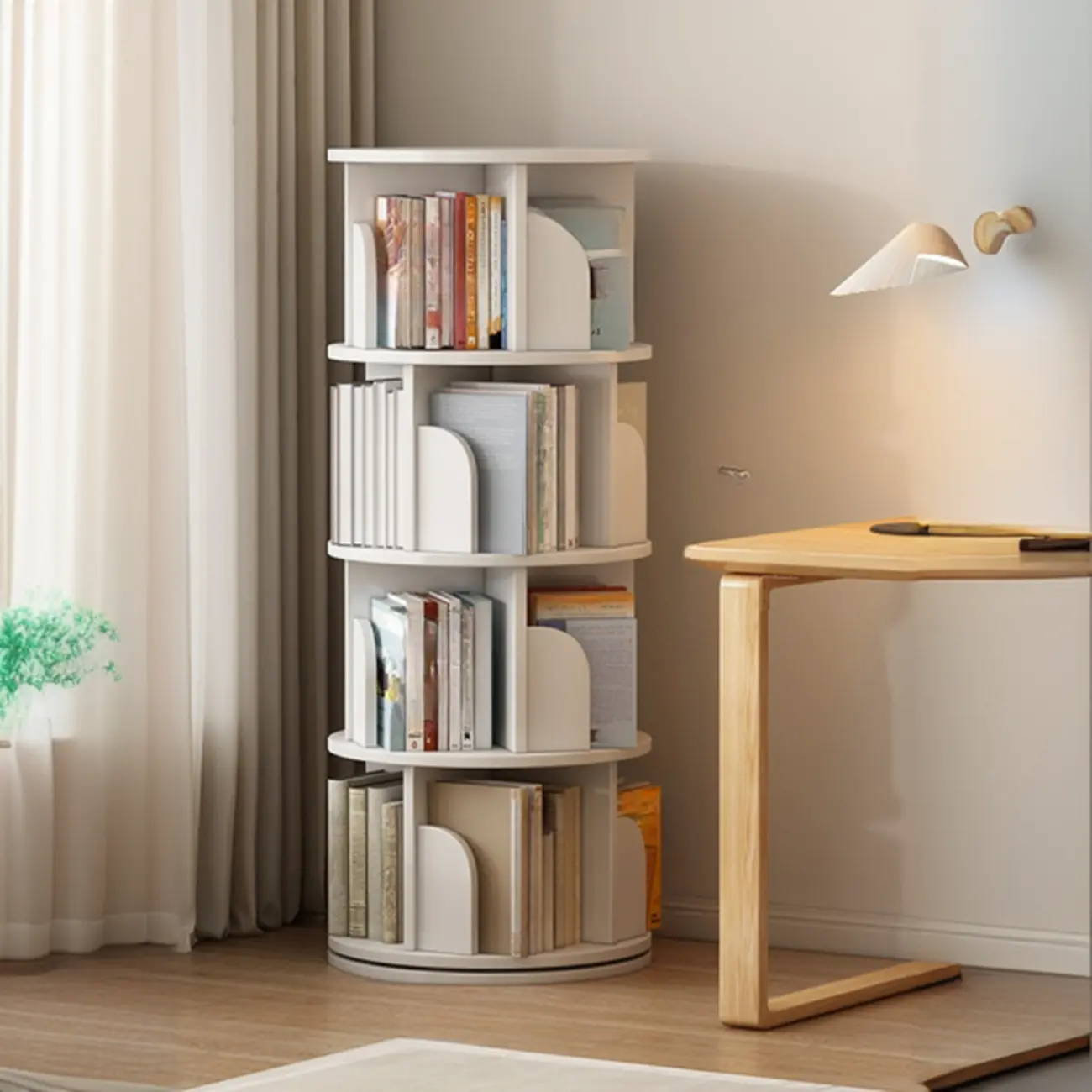 Swivel Natural Wood Modern Wheeled Bookcase With Drawer Image - 3 | homeyfad