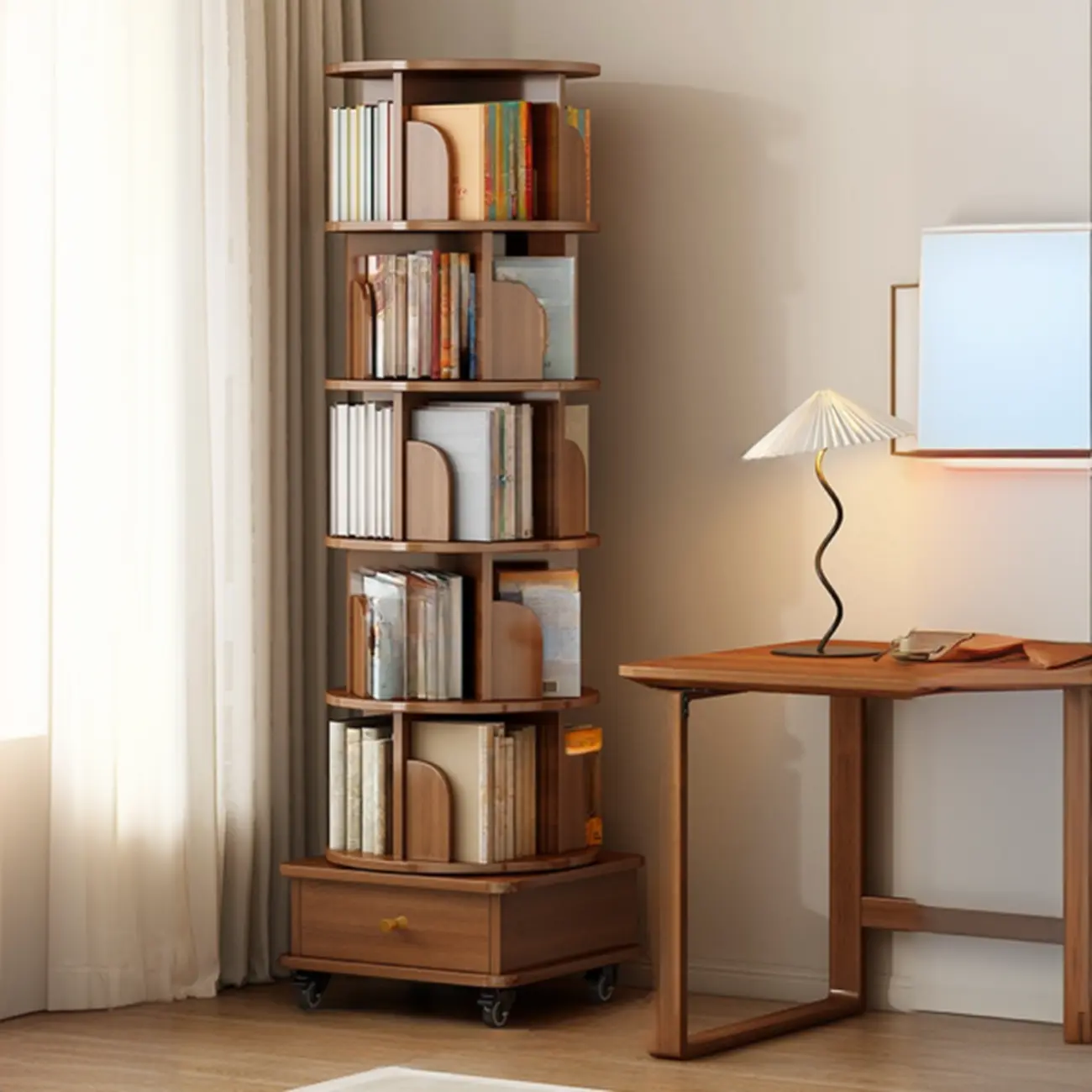 Swivel Natural Wood Modern Wheeled Bookcase With Drawer Image - 4 | homeyfad