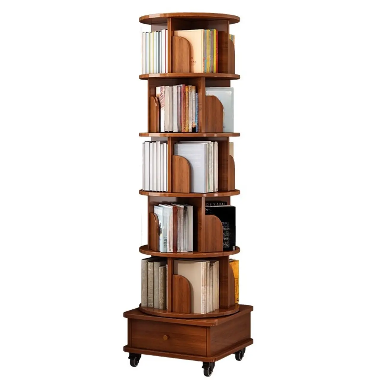 Swivel Natural Wood Modern Wheeled Bookcase With Drawer Image - 5 | homeyfad