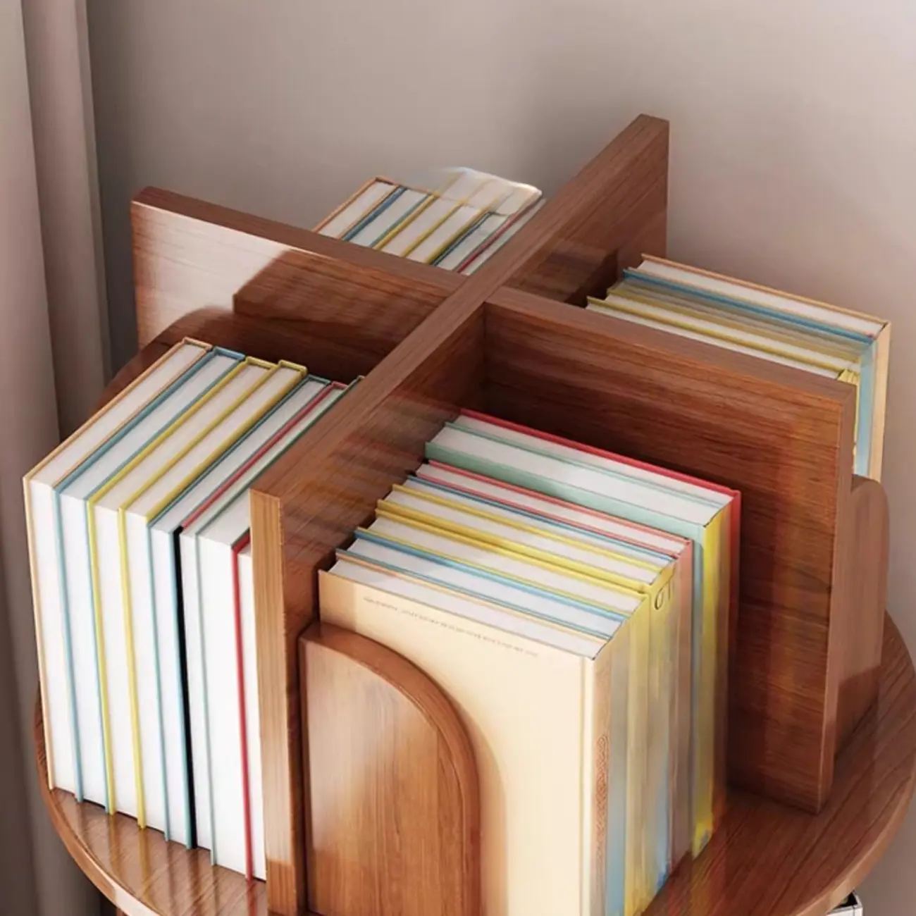 Swivel Natural Wood Modern Wheeled Bookcase With Drawer Image - 6 | homeyfad