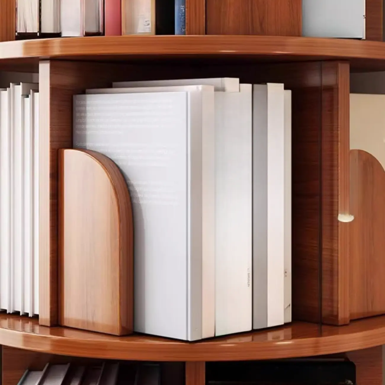 Swivel Natural Wood Modern Wheeled Bookcase With Drawer Image - 7 | homeyfad