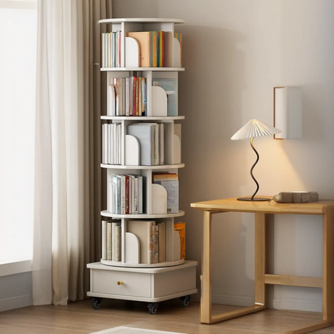 Swivel Natural Wood Modern Wheeled Bookcase With Drawer Image - 12 | homeyfad