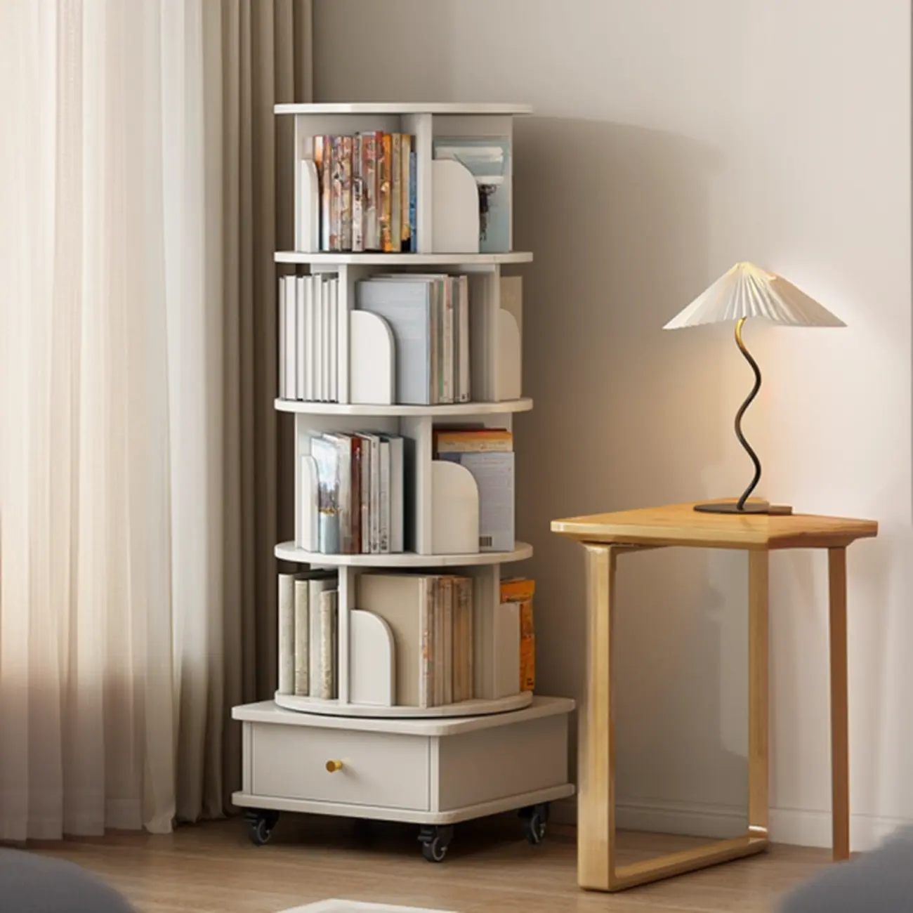 Swivel Natural Wood Modern Wheeled Bookcase With Drawer Image - 13 | homeyfad