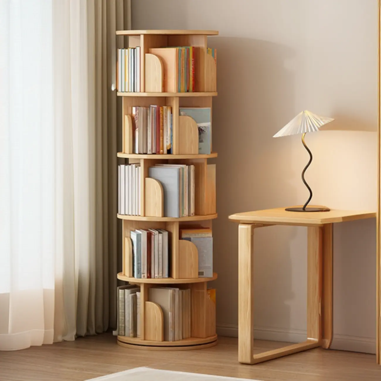 Swivel Natural Wood Modern Wheeled Bookcase With Drawer Image - 14 | homeyfad