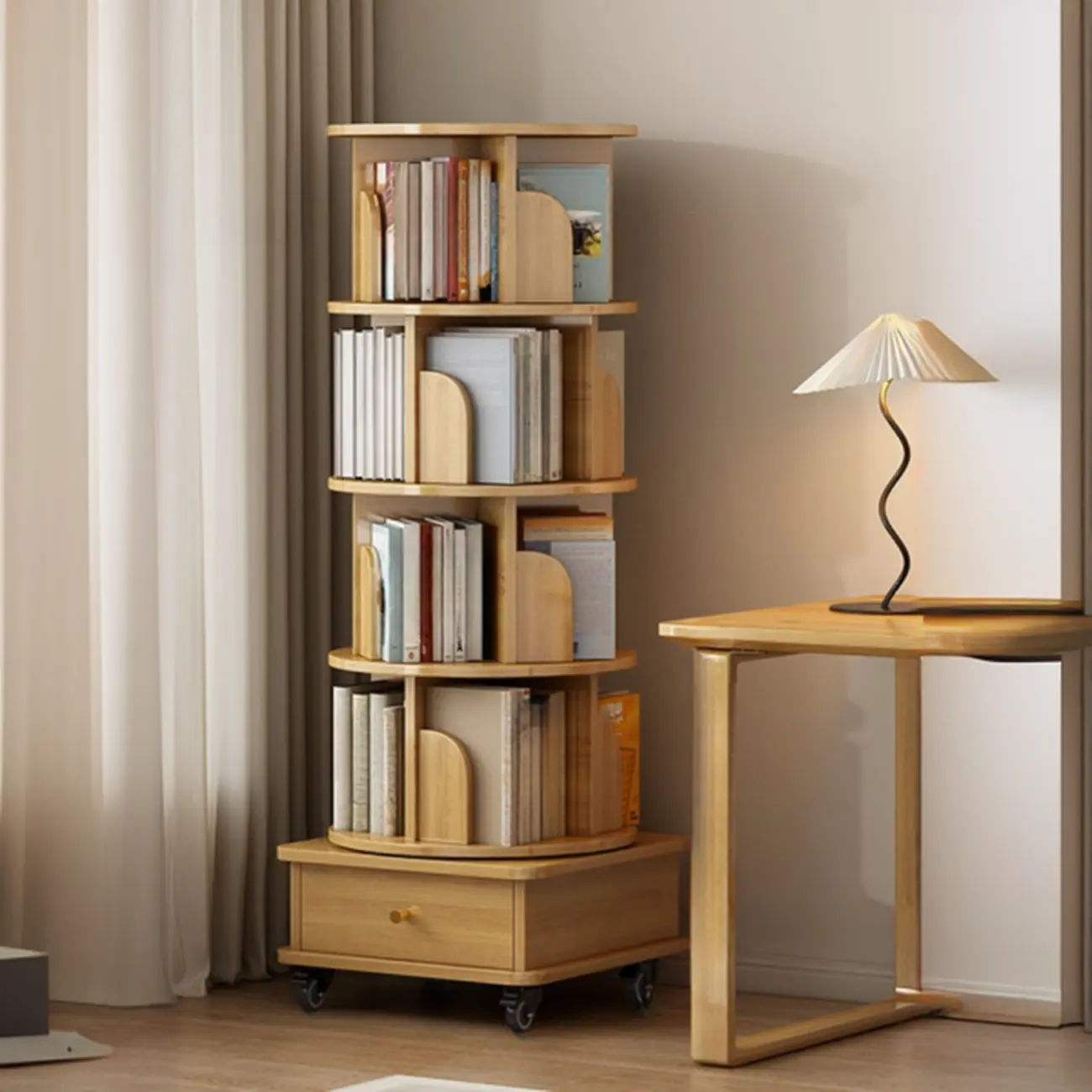 Swivel Natural Wood Modern Wheeled Bookcase With Drawer Image - 15 | homeyfad