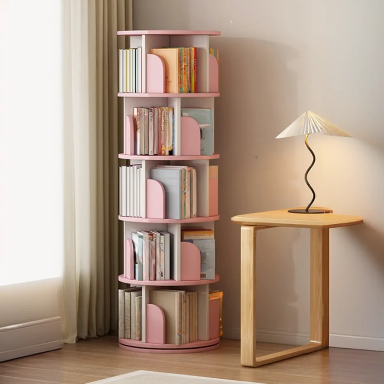 Swivel Natural Wood Modern Wheeled Bookcase With Drawer Image - 16 | homeyfad