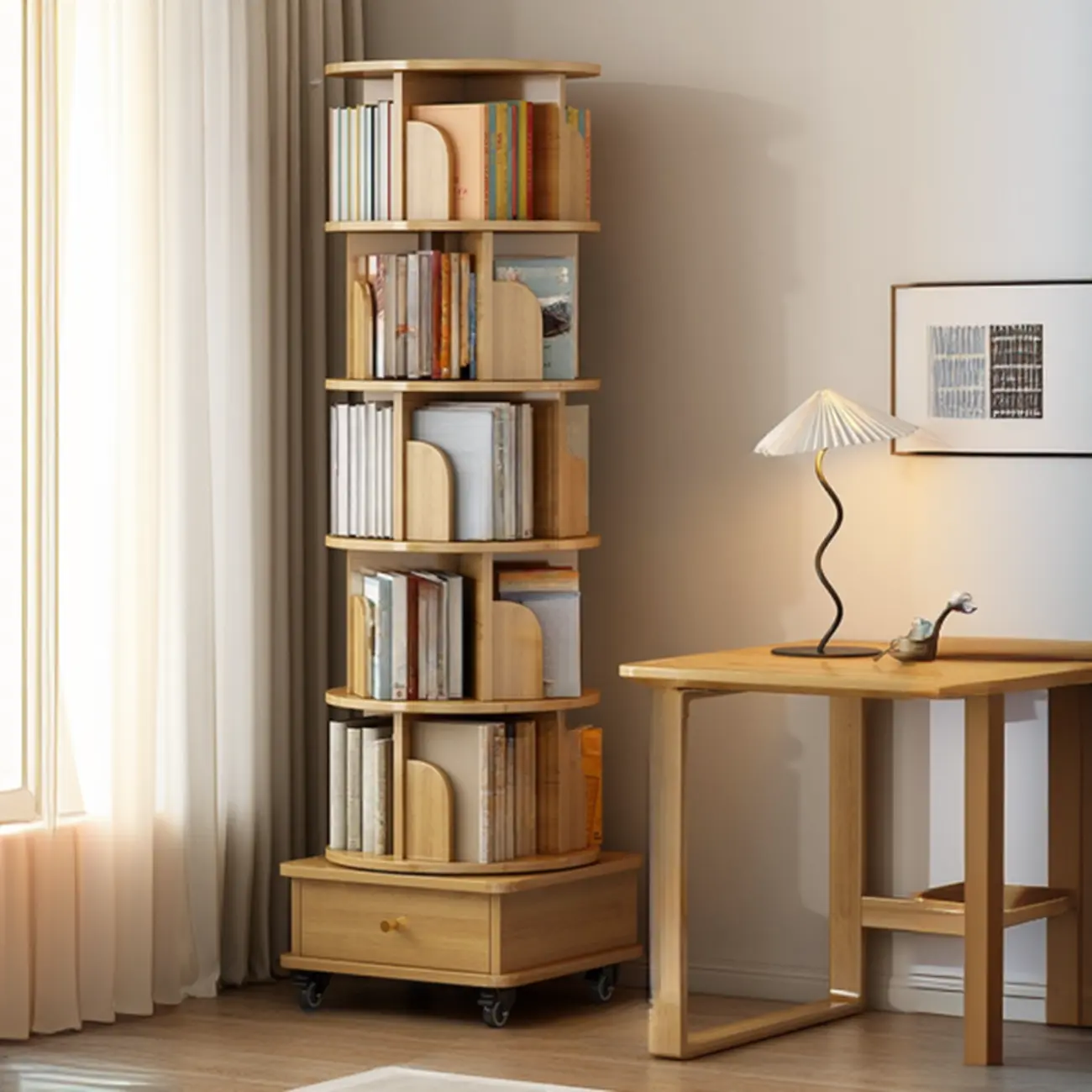 Swivel Natural Wood Modern Wheeled Bookcase With Drawer Image - 17 | homeyfad