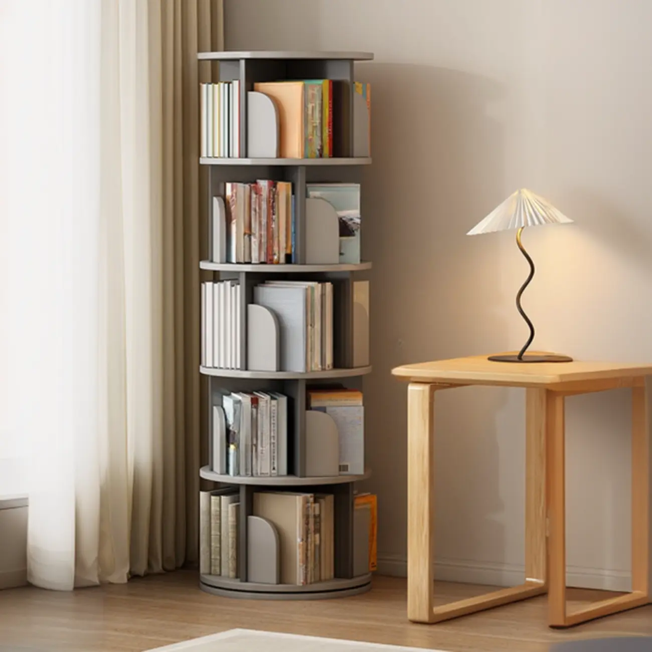 Swivel Natural Wood Modern Wheeled Bookcase With Drawer Image - 18 | homeyfad