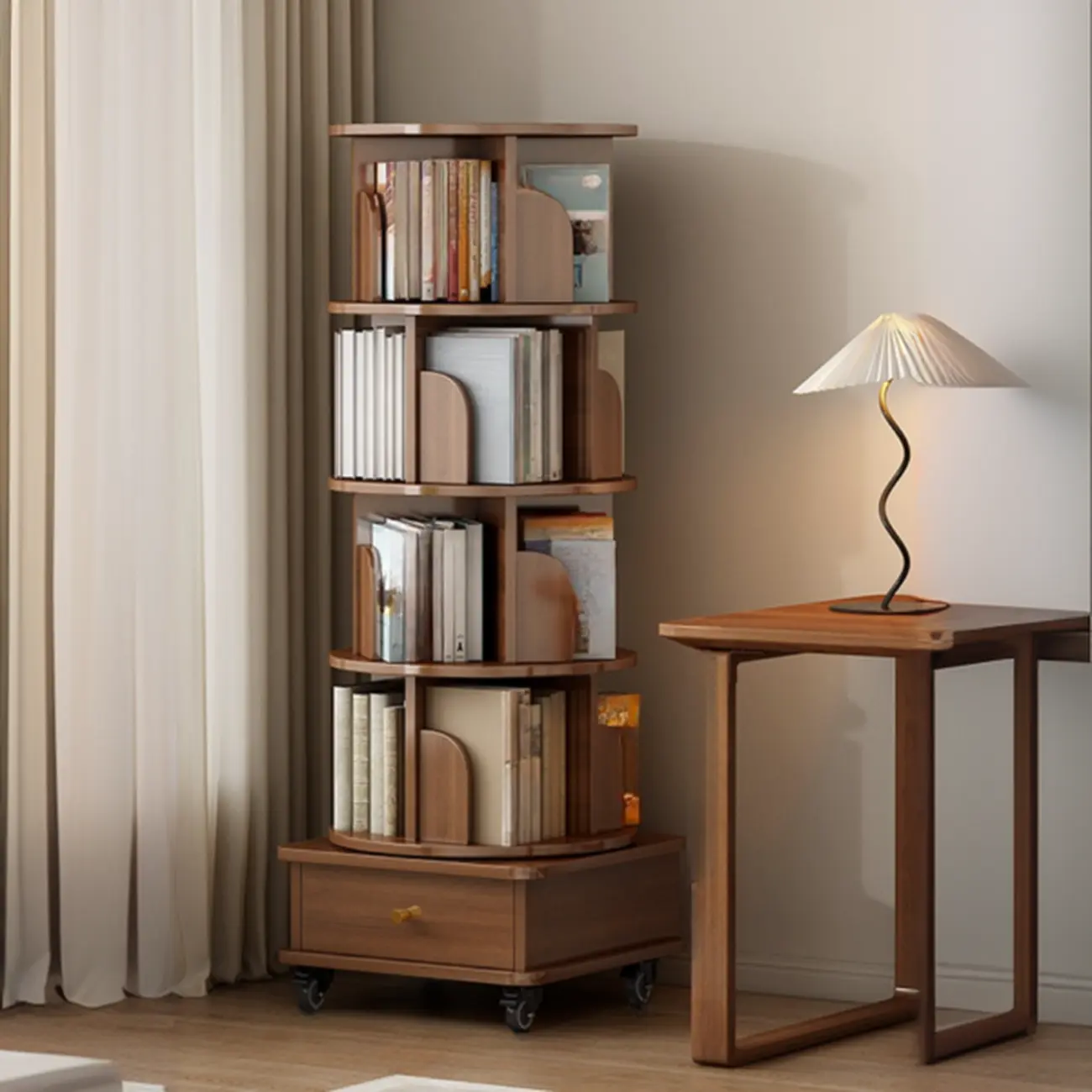 Swivel Natural Wood Modern Wheeled Bookcase With Drawer Image - 19 | homeyfad