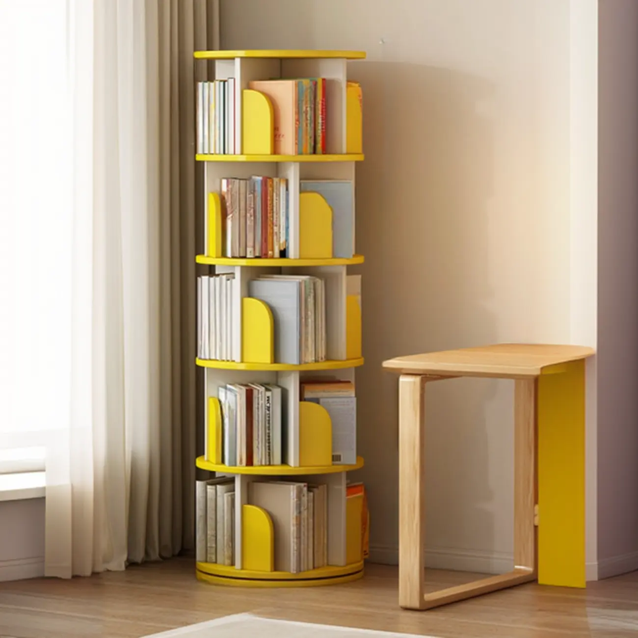 Swivel Natural Wood Modern Wheeled Bookcase With Drawer Image - 20 | homeyfad