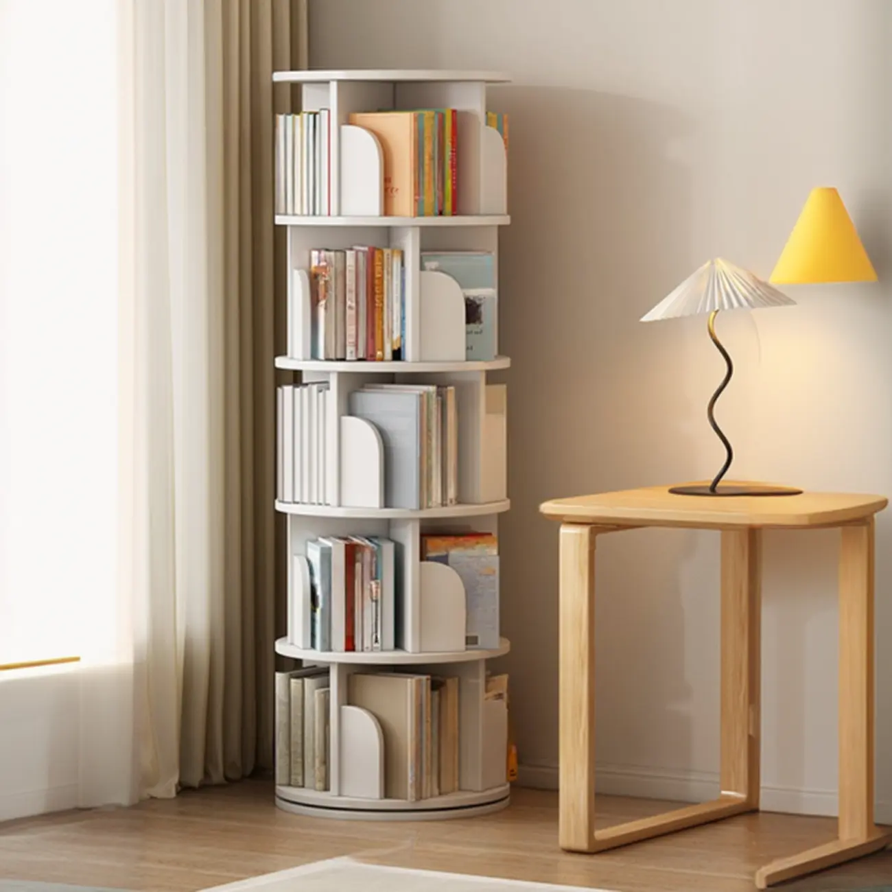 Swivel Natural Wood Modern Wheeled Bookcase With Drawer Image - 21 | homeyfad