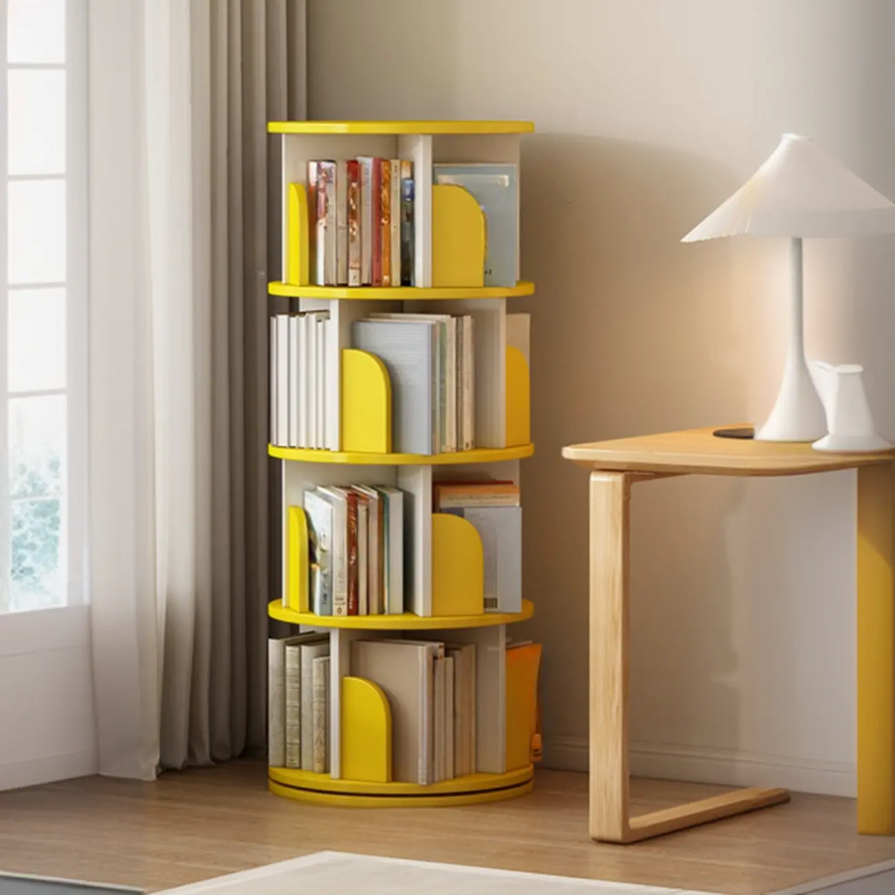 Swivel Natural Wood Modern Wheeled Bookcase With Drawer Image - 22 | homeyfad