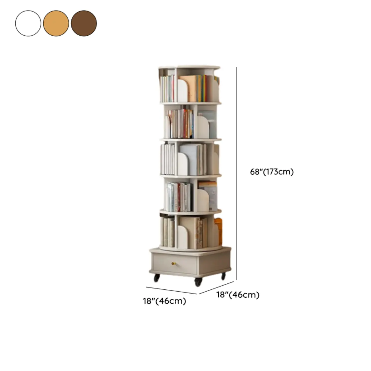 Swivel Natural Wood Modern Wheeled Bookcase With Drawer #size | homeyfad