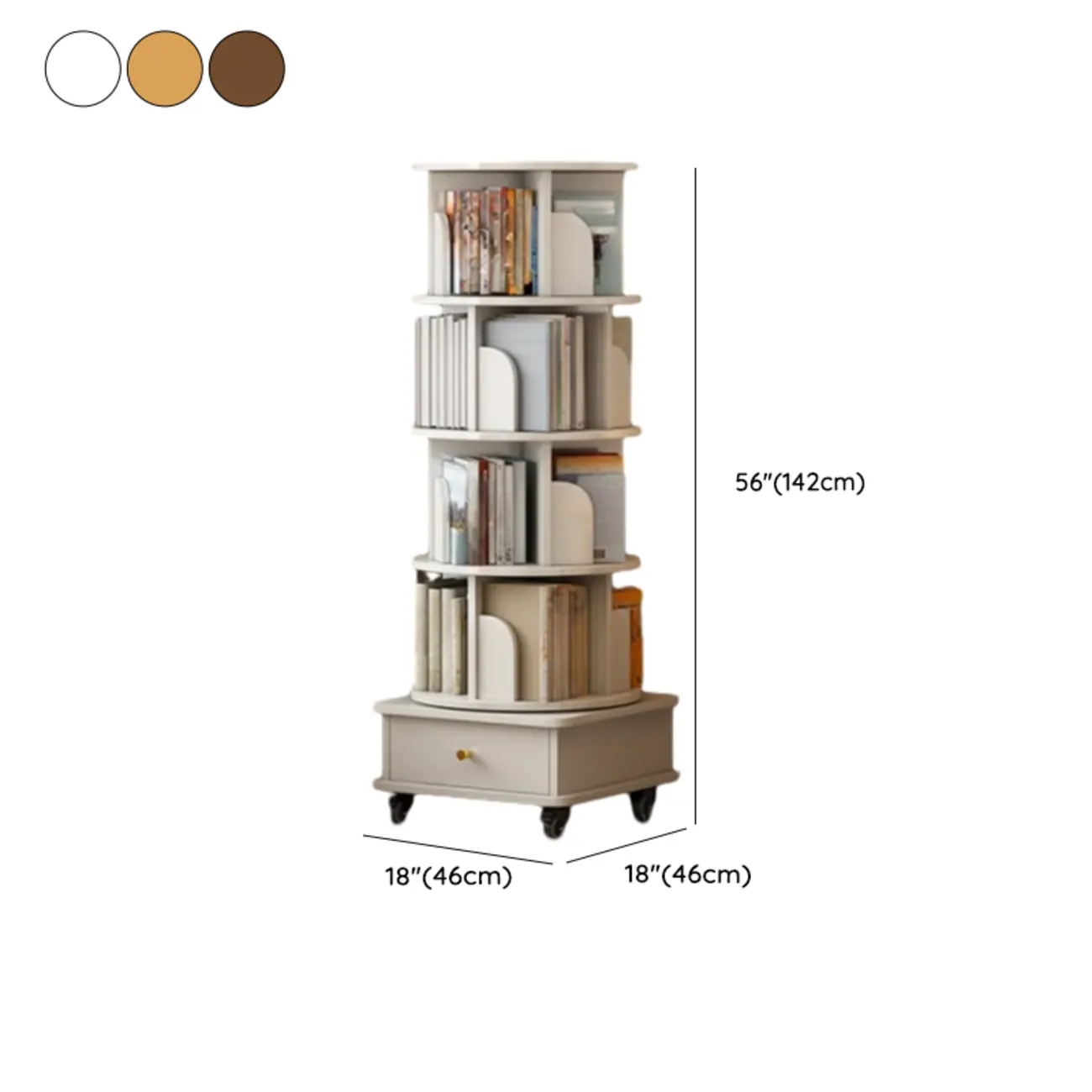 Swivel Natural Wood Modern Wheeled Bookcase With Drawer Image - 24 | homeyfad