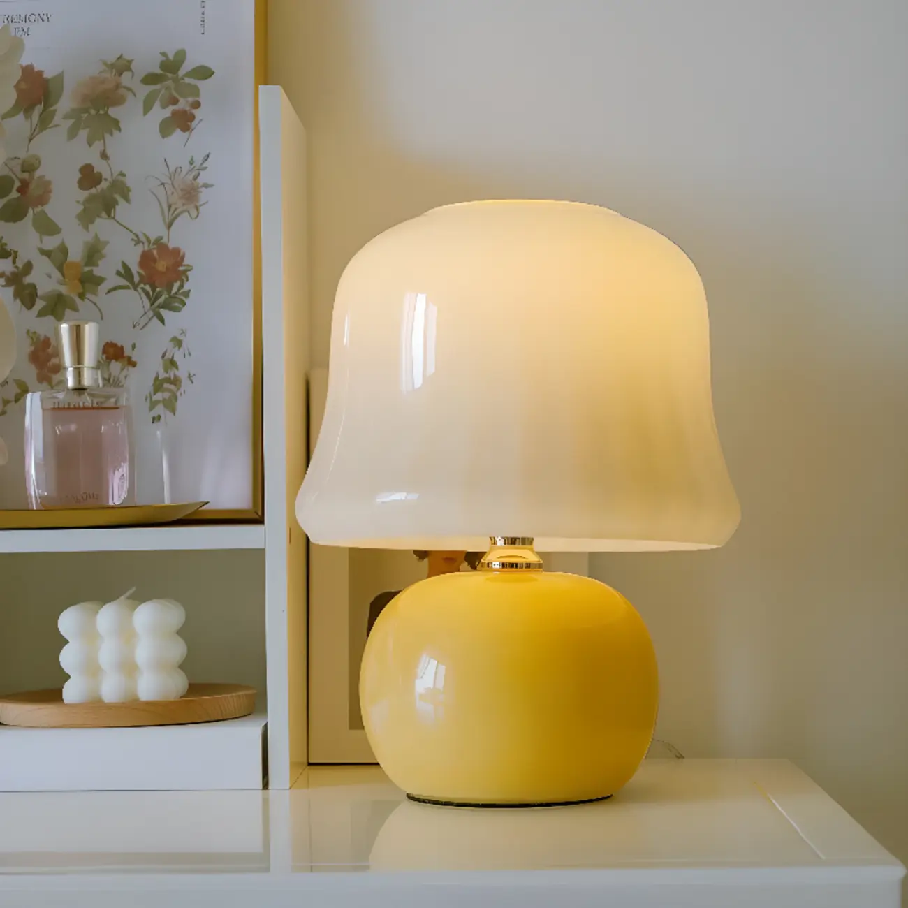 Plug-In Yellow Glass Mushroom Table Lamp for Bedside Lighting   Image - 1 | homeyfad