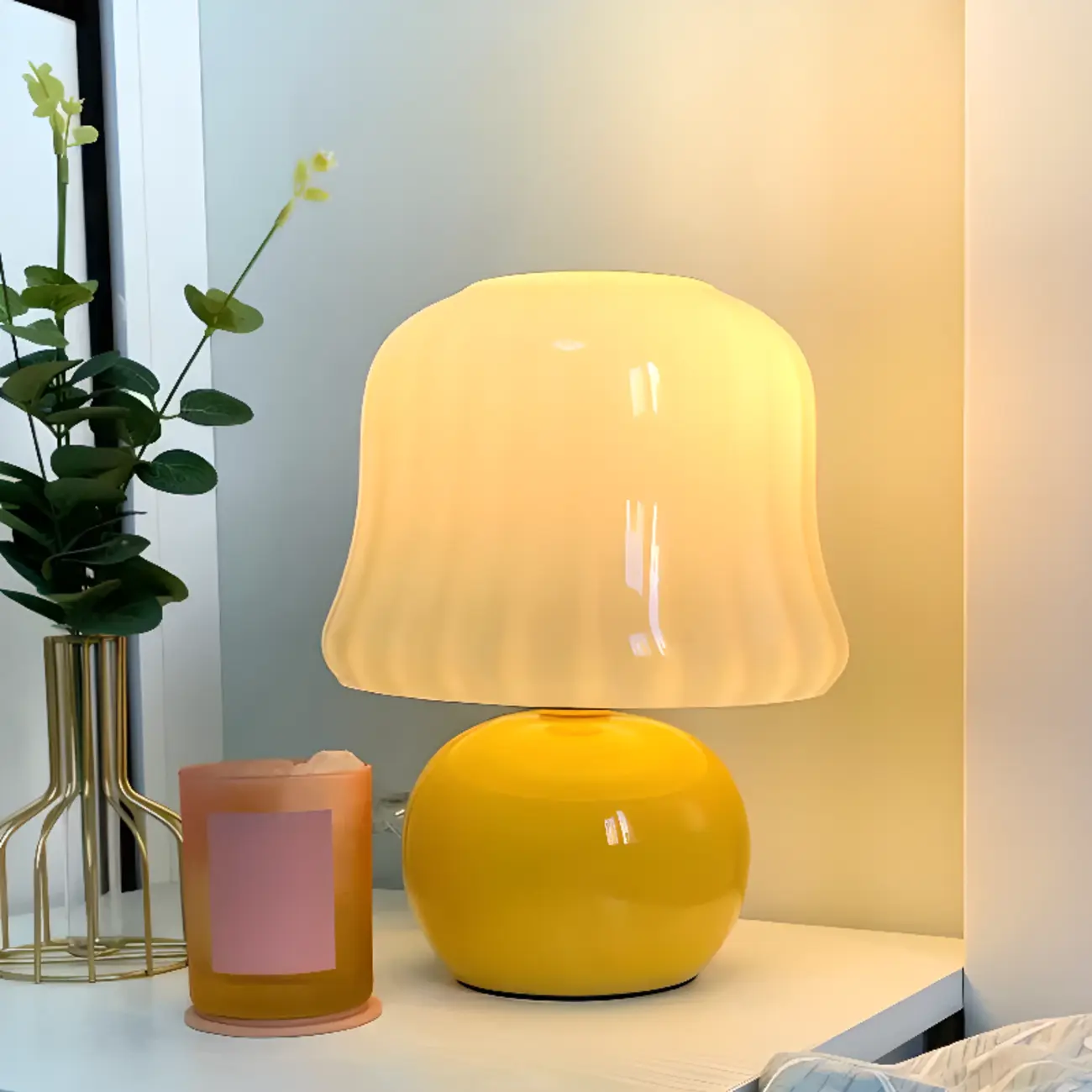 Plug-In Yellow Glass Mushroom Table Lamp for Bedside Lighting   Image - 2 | homeyfad