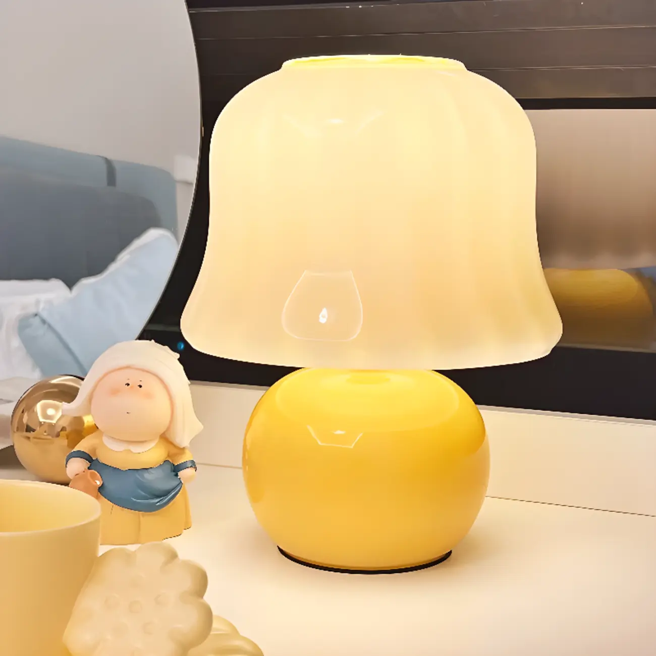 Plug-In Yellow Glass Mushroom Table Lamp for Bedside Lighting   Image - 3 | homeyfad