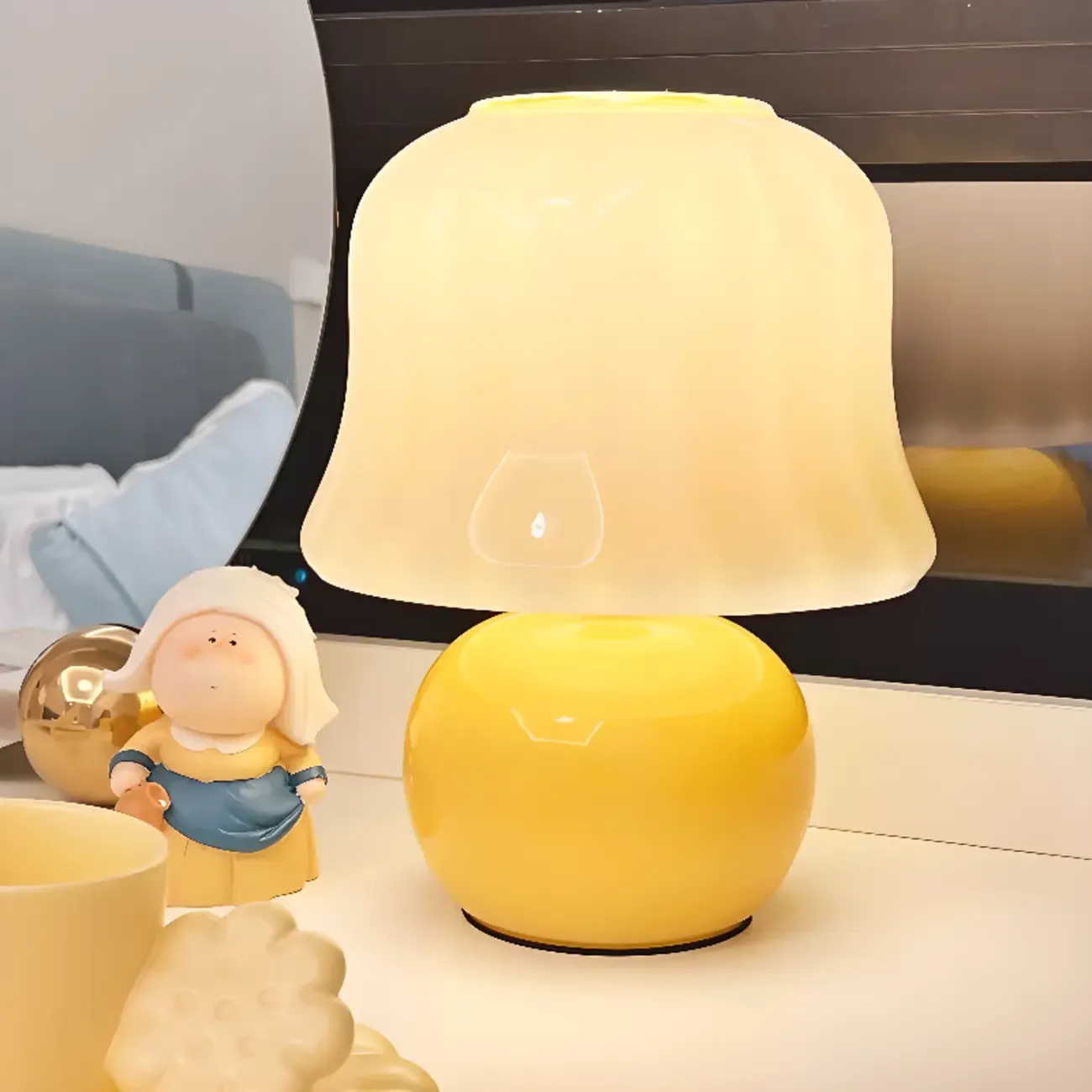 Plug-In Yellow Glass Mushroom Table Lamp for Bedside Lighting   Image - 3