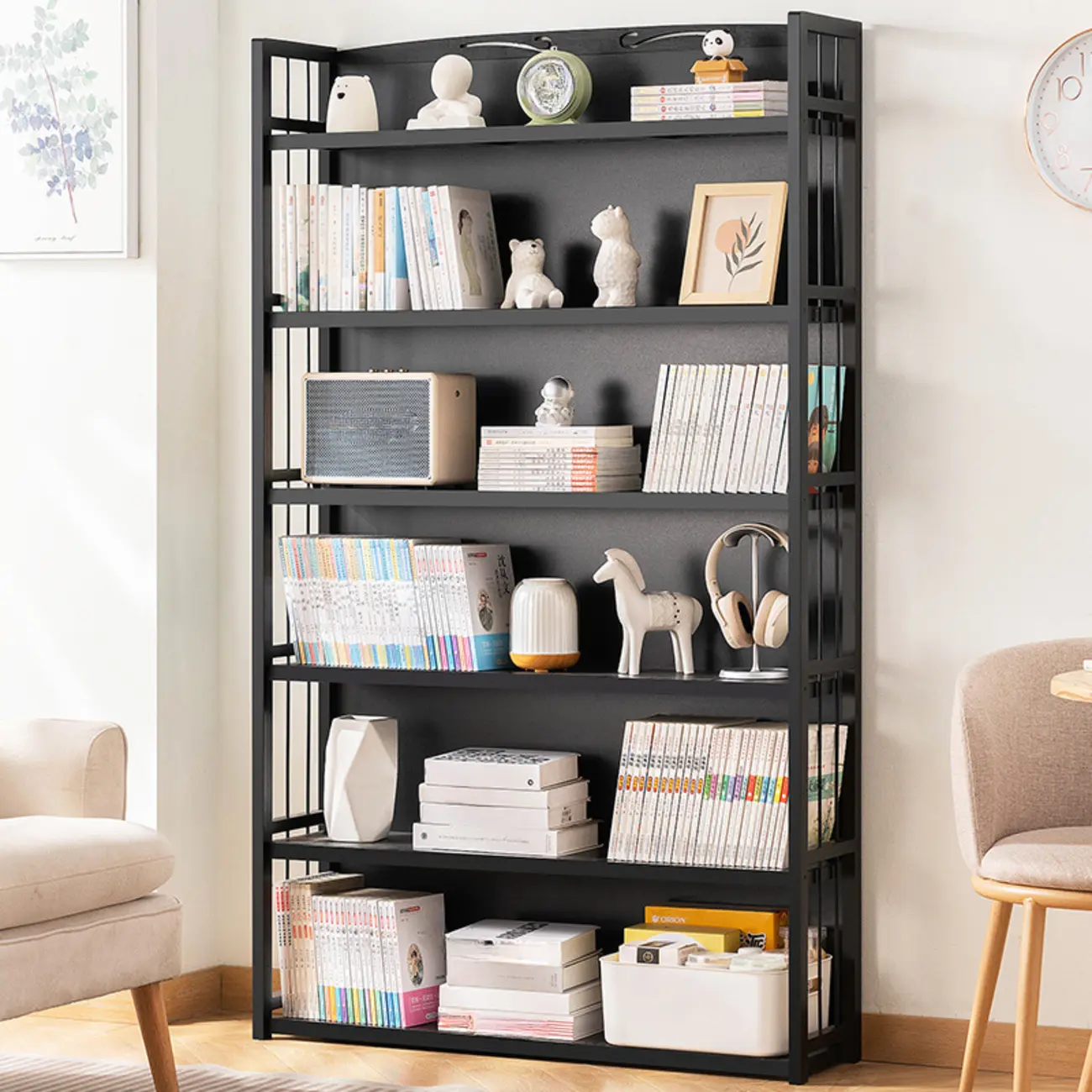 Premium Bamboo Modern Black 5-Shelf Open Bookshelf Image - 1 | homeyfad