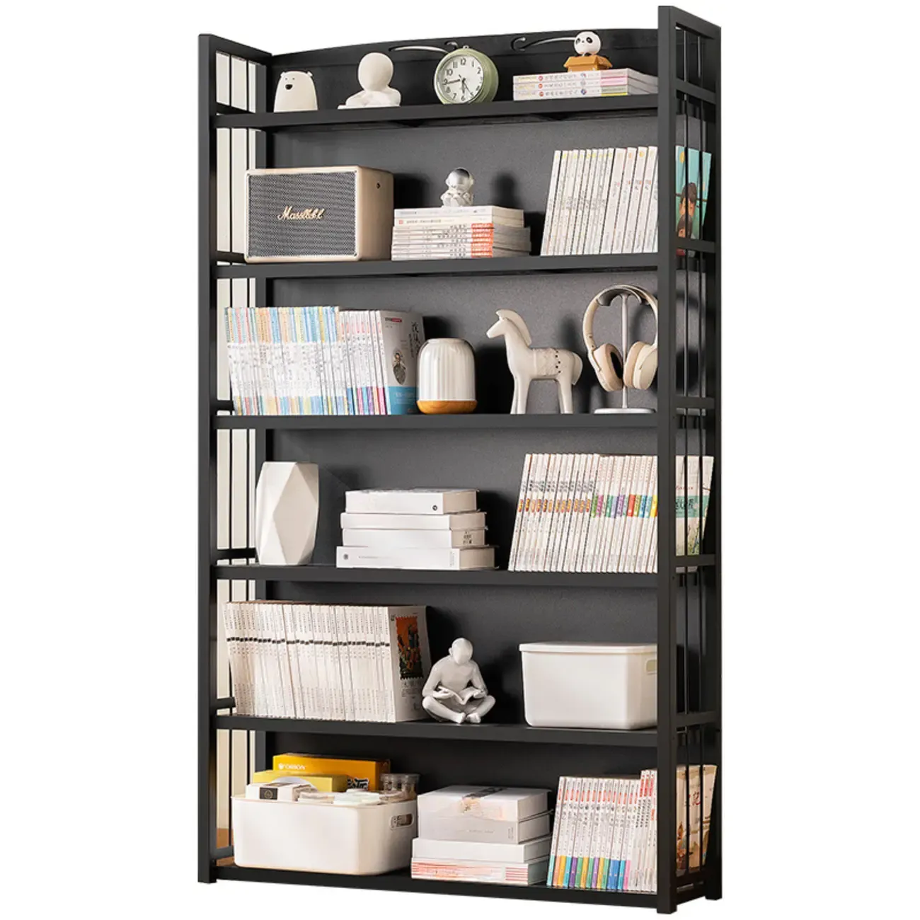 Premium Bamboo Modern Black 5-Shelf Open Bookshelf Image - 6